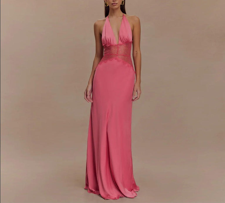 Ivory Cascade Deep-V Satin Dress