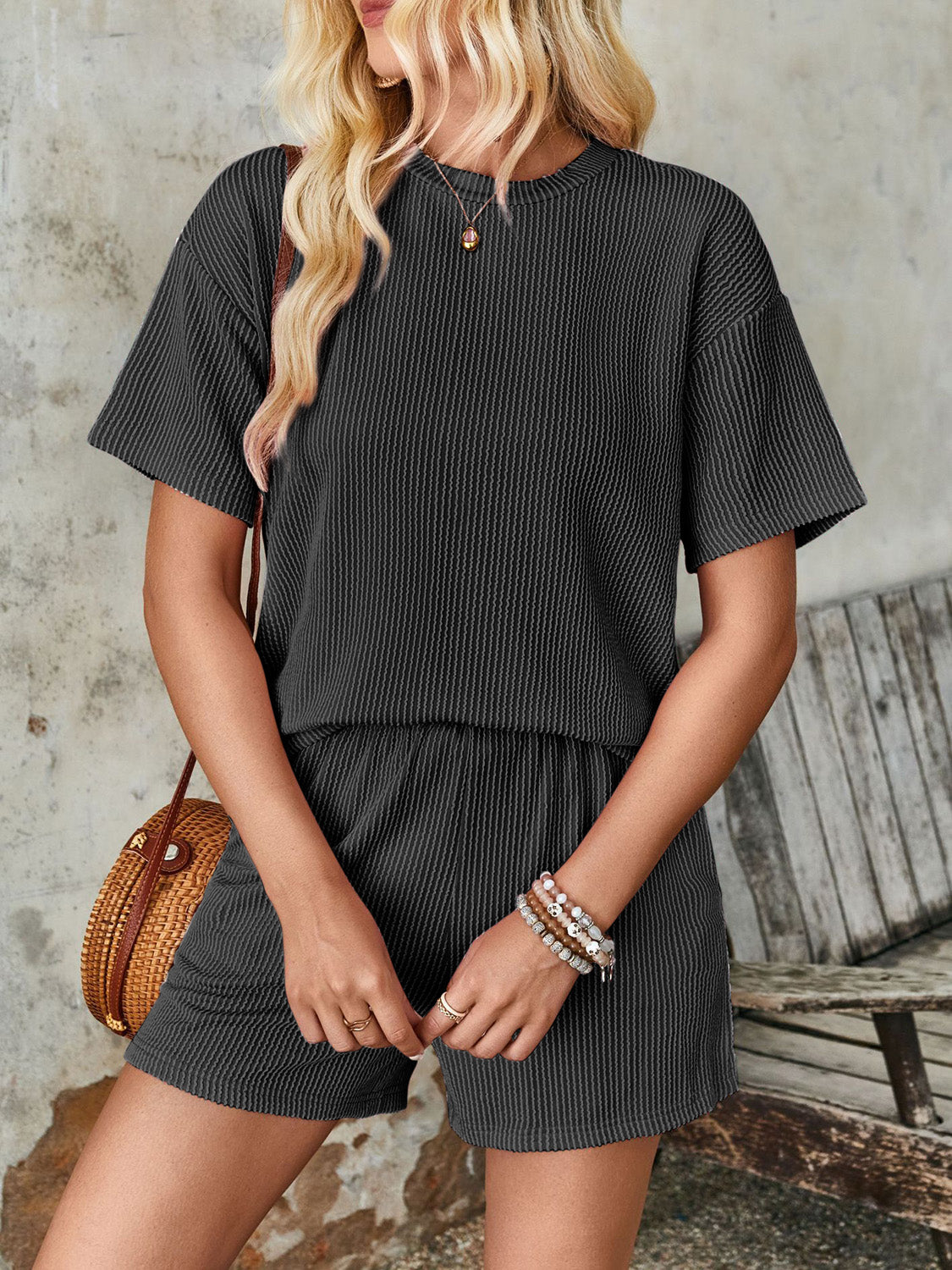 Textured Round Neck Top and Shorts Set