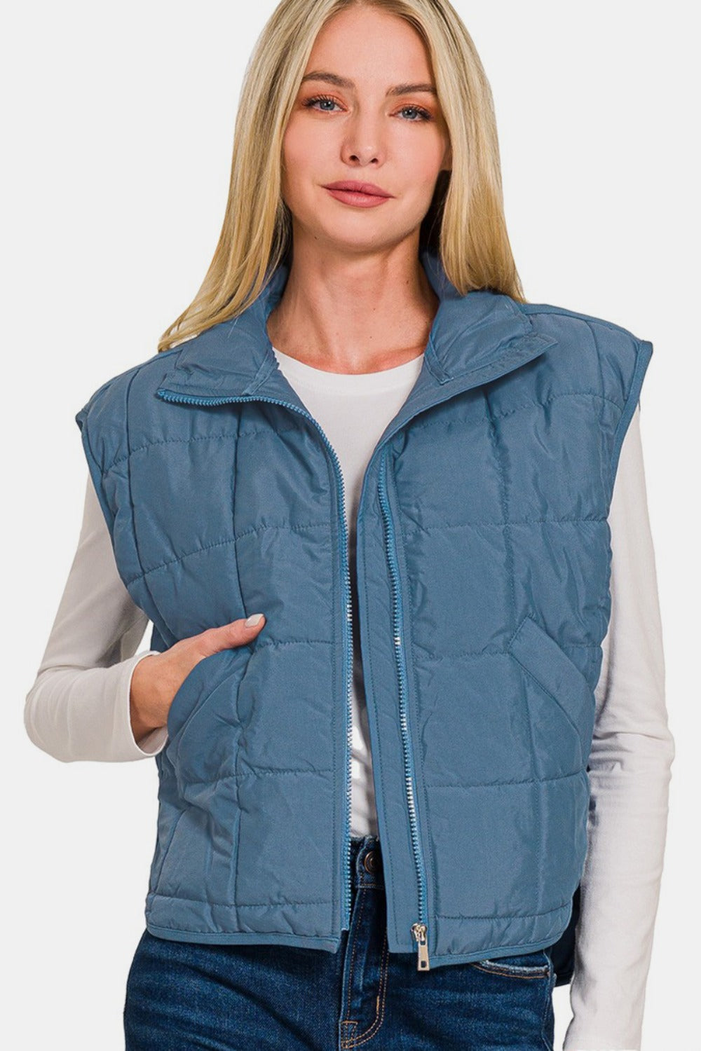 Zenana Zip Up Cropped Puffer Vest Jacket with Pockets