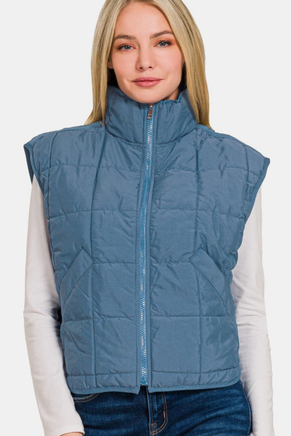 Zenana Zip Up Cropped Puffer Vest Jacket with Pockets
