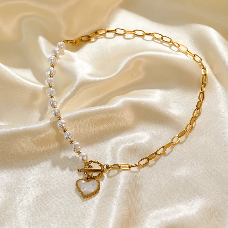Serenity Heartbeat Stainless Steel Pearl Heart Pendant Necklace