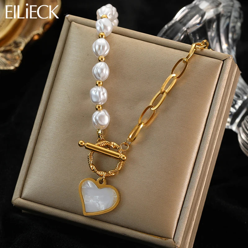 Serenity Heartbeat Stainless Steel Pearl Heart Pendant Necklace