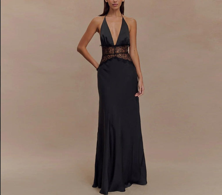 Ivory Cascade Deep-V Satin Dress